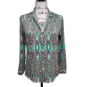 💚 CRAIG TAYLOR Women's Silk Button-down Paisley Print Green Shirt Blouse XS